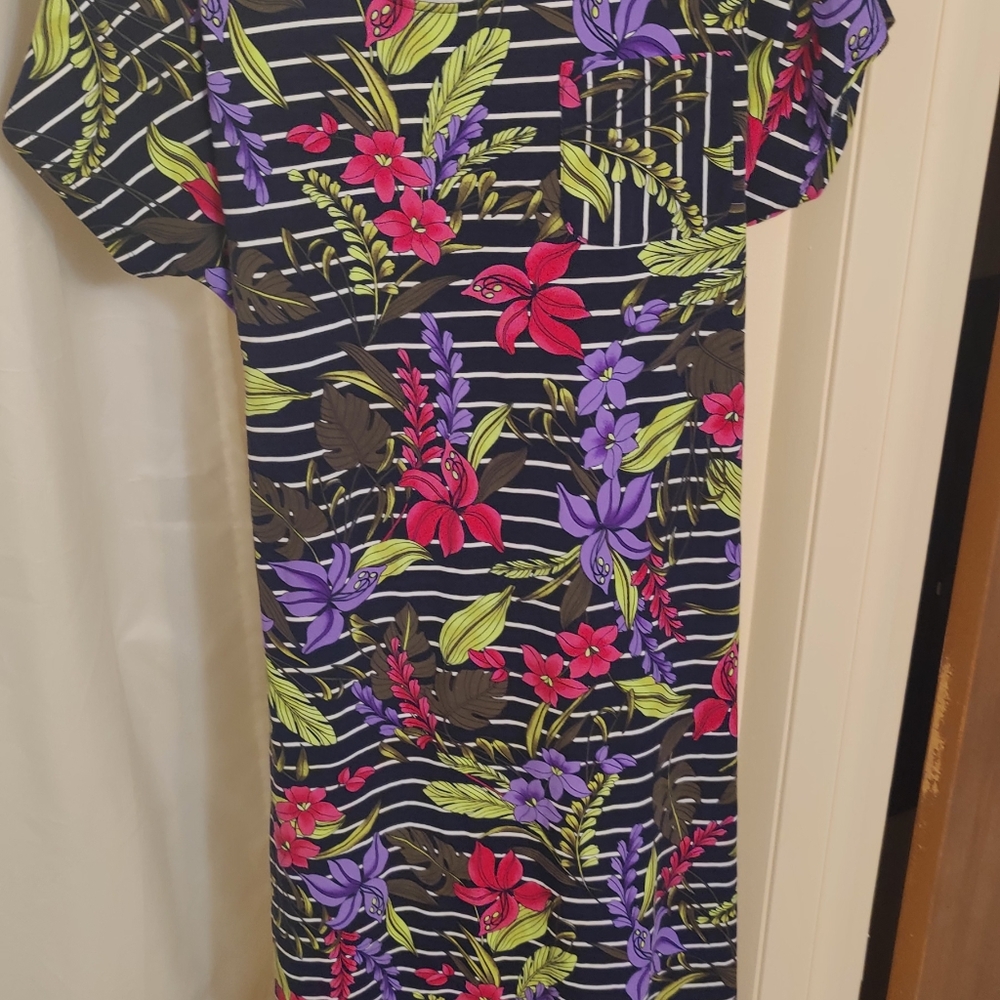 Lands End Midi Dress Women's‎ Plus Size m Stripe Floral Belt Cap Sleeve